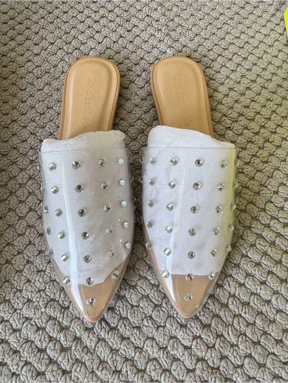 Crystal-Embellished Ladies 7.5 Clear Slip-On Mules